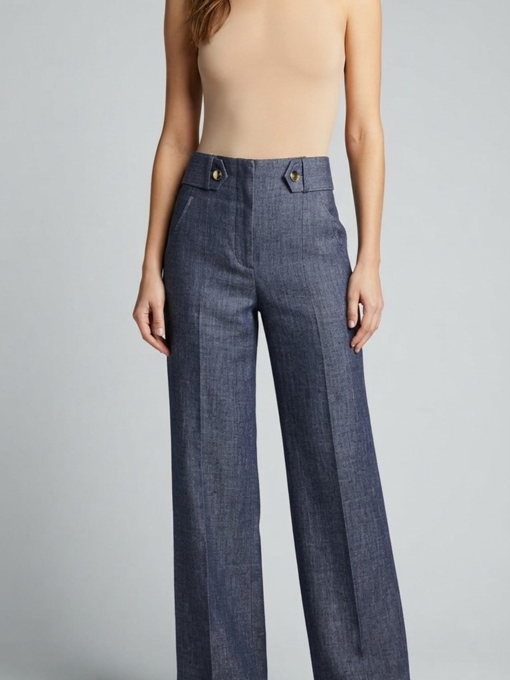 Veronica Beard Blue Textured Wide Leg High Waisted Gold Button Pants Size __